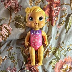 Baby Alive 2022 Blonde Blue-Eyed Baby Doll Pink Purple Rainbow Swimsuit